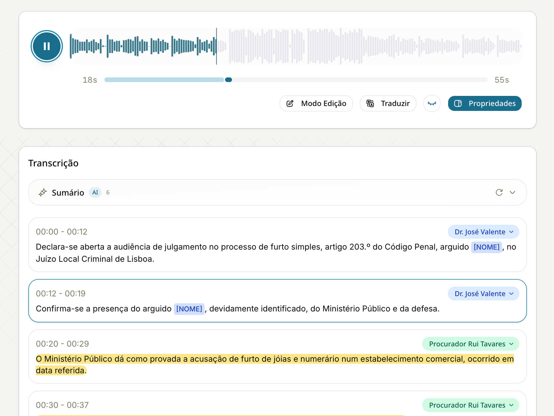 Editor interactivo de transcrição com identificação de oradores